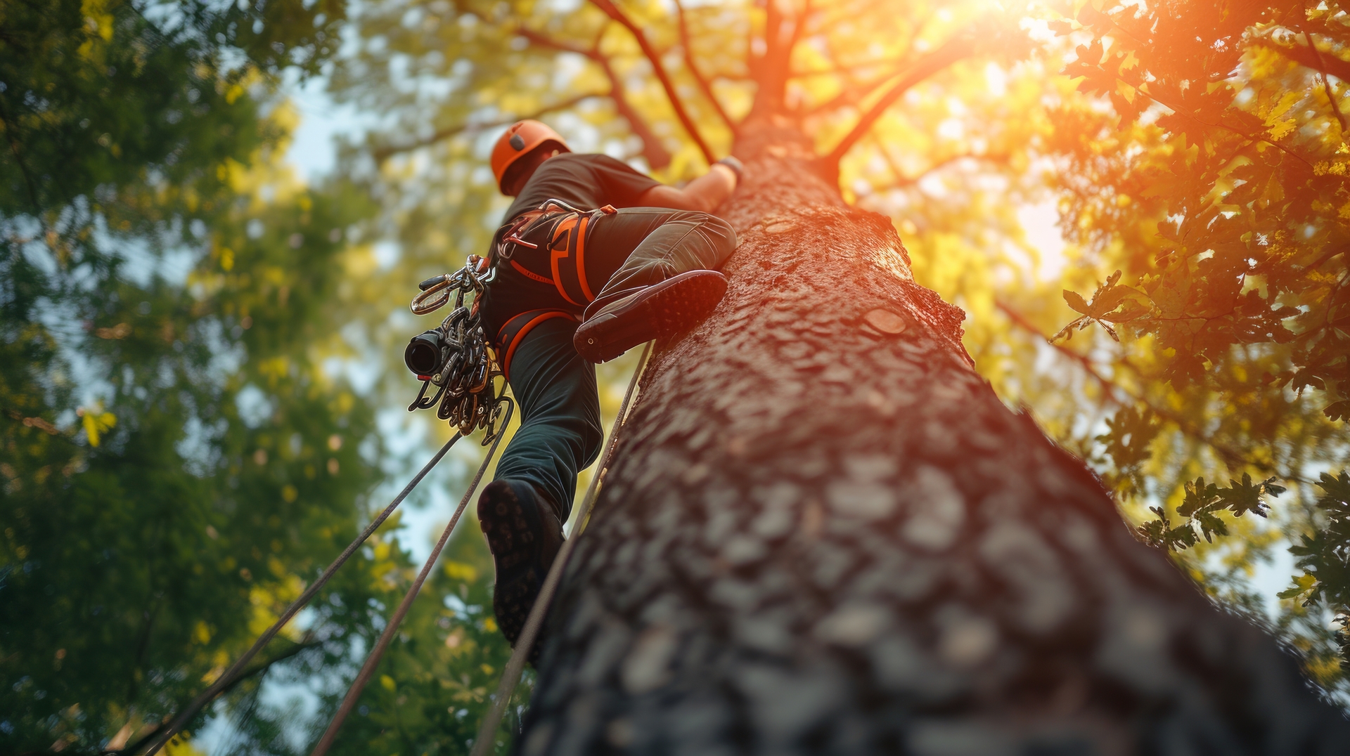 an expert arborist climbing a towering tree to perform maintenan